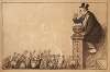 A man blows bubbles from a solution of ‘watered stock,’ as a crowd of gentlemen try to catch them before they pop.