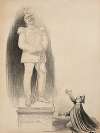 A man bows down to a statue of Emperor William II of Germany and Prussia.