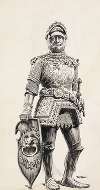 A man in ornate armor. His shield reads ‘American Drama’