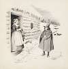 A man with a rifle stands in the snow and talks to a woman and child in the doorway of a log cabin.