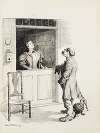 A man with ragged clothes and two dogs talks to a woman behind a counter.