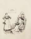 A woman at her desk talks with her maid.