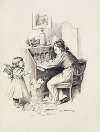 A woman at her desk, trying to write, looks angrily at a crying young girl next to her.