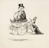 A woman struggles to push a large baby carriage with a fat man inside representing infant industries