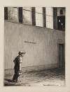 A young boy with a lunch box goes to work at a factory.