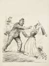 A young farm girl, representing civilization, is grabbed by a rough man representing Germany or Prussia and tries to defend herself with an umbrella