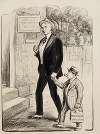 Bernard Baruch leads a small man representing the theatrical industry by the hand to a building labeled ‘drama factory no. 25.’