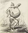 Kaiser Wilhelm II, depicted as a frog with an inflated belly, standing over a ruined, smoky field.