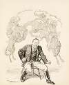 President Theodore Roosevelt, ready to leave his chair, is haunted by three cowboys representing the West