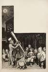 Several men line up to see through a telescope run by Uncle Sam to look at the moon, which has on it the Presidential chair