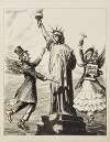 The Statue of Liberty is attacked by a man representing Prohibition and a woman representing Blue Laws.