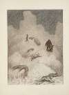 Through a storm, two figures can be seen clubbing dogs or wolves. The bodies of four others lie on the ground.