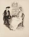 Two women sit talking in a parlor.