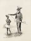 Uncle Sam holds a bow and arrows and tries to pat an angry black man in native dress on the head.