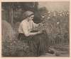 Seated woman feeding young birds in a nest