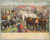 Cattle, horses, and people at the fair with stables in the background