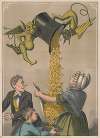 Devils pouring gold coins from hat into woman’s apron and boy’s hat