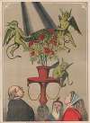 Four people looking up at three green demons on pedestal removing cover from bouquet of roses