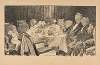 Putti sips champagne at banquet table near sleeping elderly couple