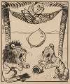 Nine comic strip frames of man dropping molasses and feathers on lions beneath his hammock Pl.6