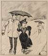 Six comic strip frames of two chivalrous men with woman in rain storm Pl.3