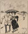 Six comic strip frames of two chivalrous men with woman in rain storm Pl.4