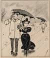 Six comic strip frames of two chivalrous men with woman in rain storm Pl.5