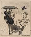 Six comic strip frames of two chivalrous men with woman in rain storm Pl.6