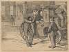 Our Mutual Friend; Man in evening clothes speaks to man inside horse-drawn cab, small boy stands next to coach