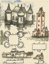 Vogelperspectief en plattegrond van herenhoeve en kasteel en belfort.