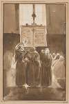 Three Capuchin friars in a church before a congregation