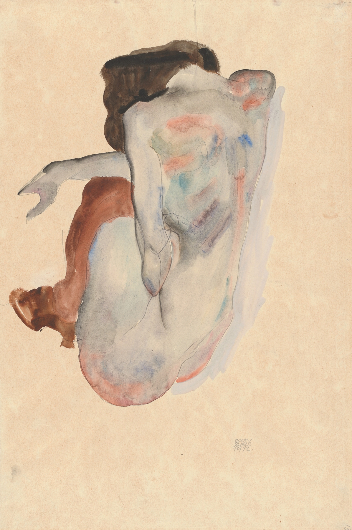 Crouching Nude in Shoes and Black Stockings, Back View (1912)