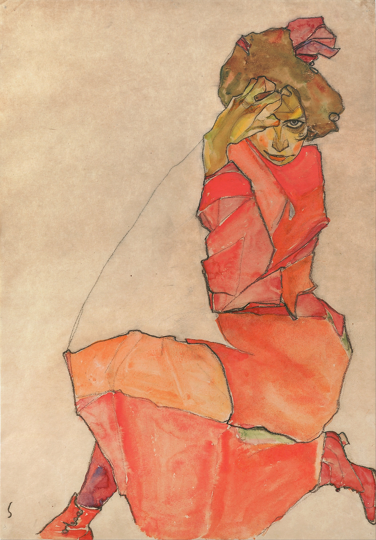 Kneeling Female in Orange-Red Dress (1910)