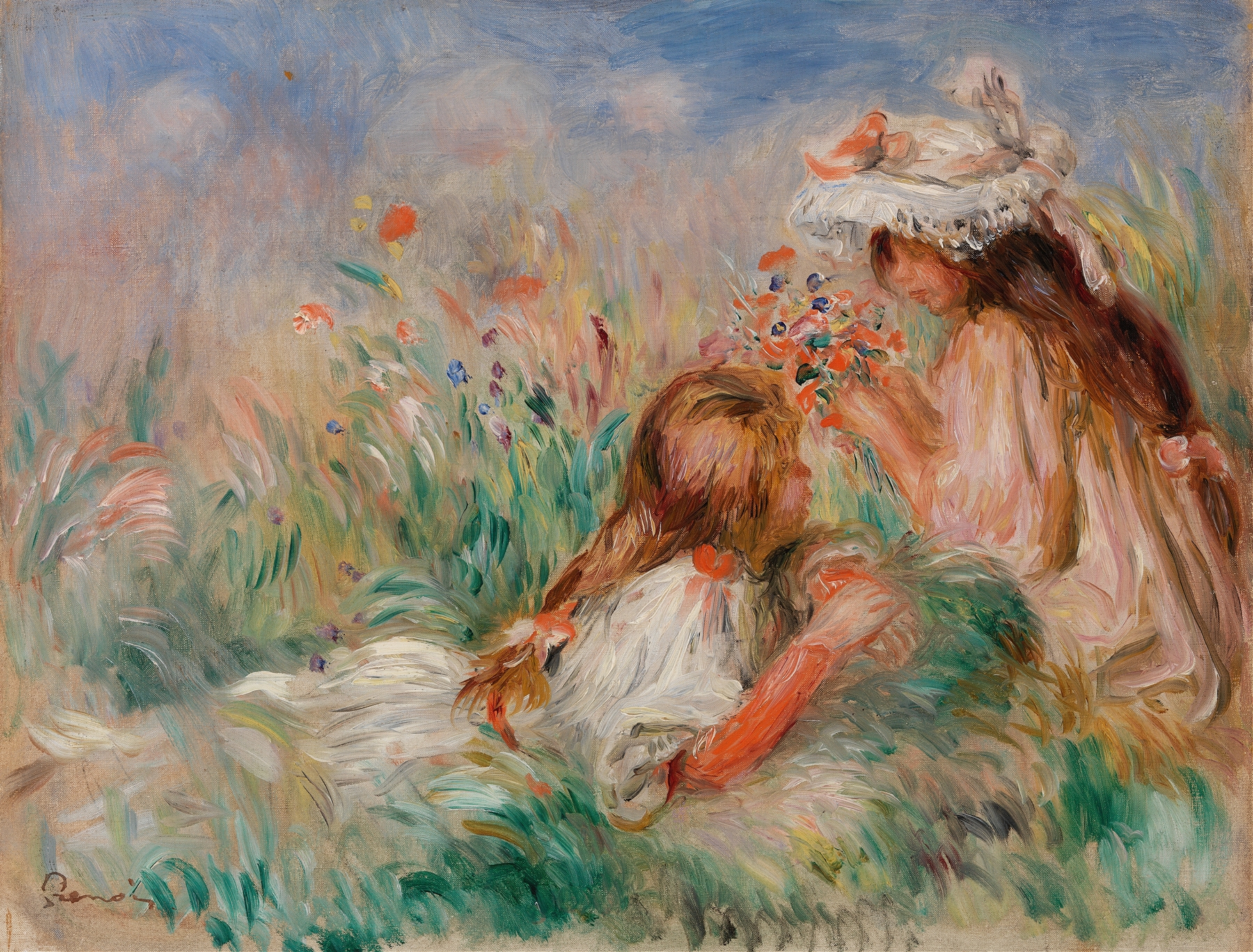 Girls in the Grass Arranging a Bouquet (Fillette couchée sur l’herbe et jeune fille arrangeant un bouquet) (c. 1890)