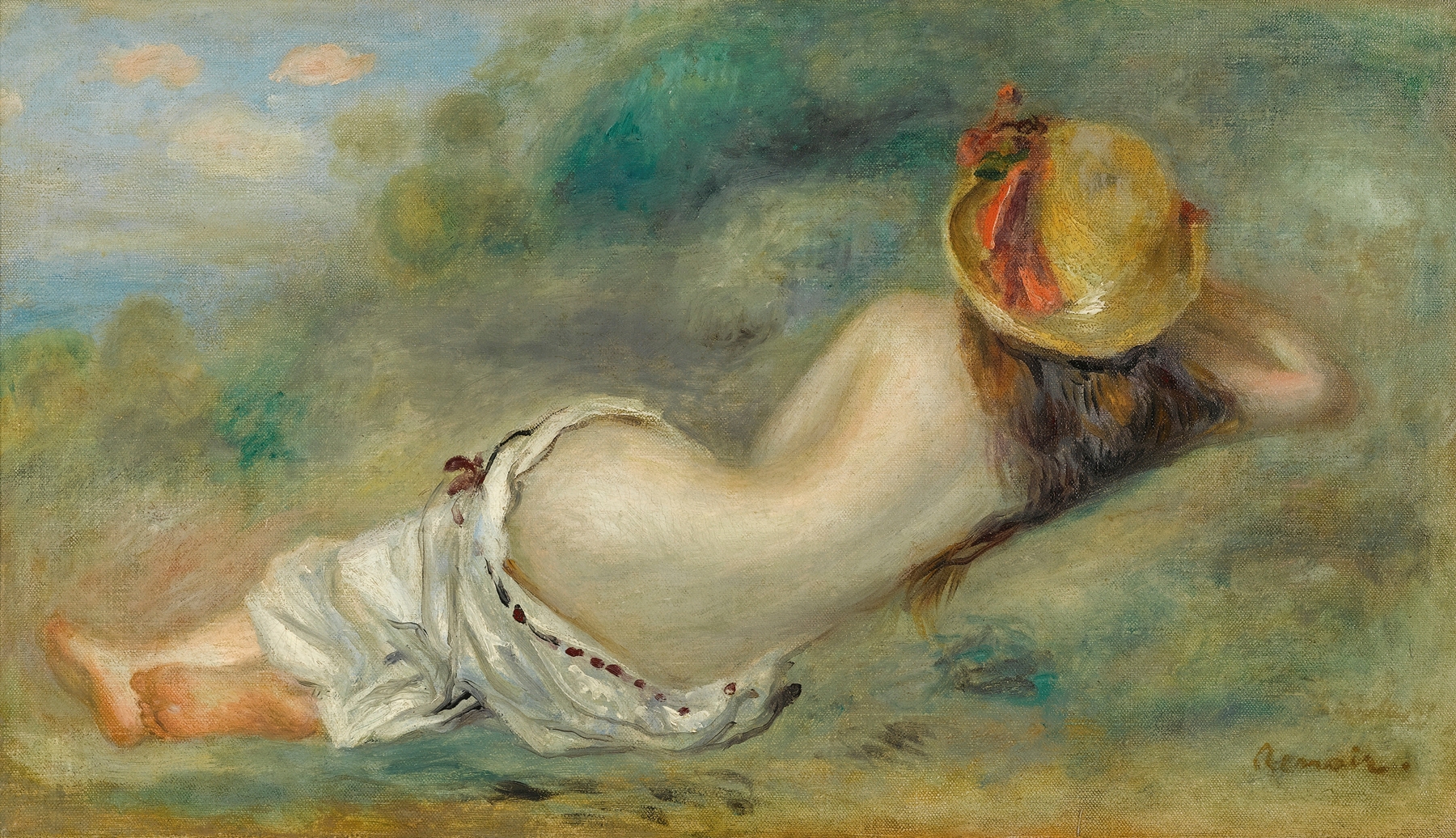 Baigneuse Allongée De Dos Avec Un Chapeau De Paille Or Femme Couchée Sur L’herbe (1892.)