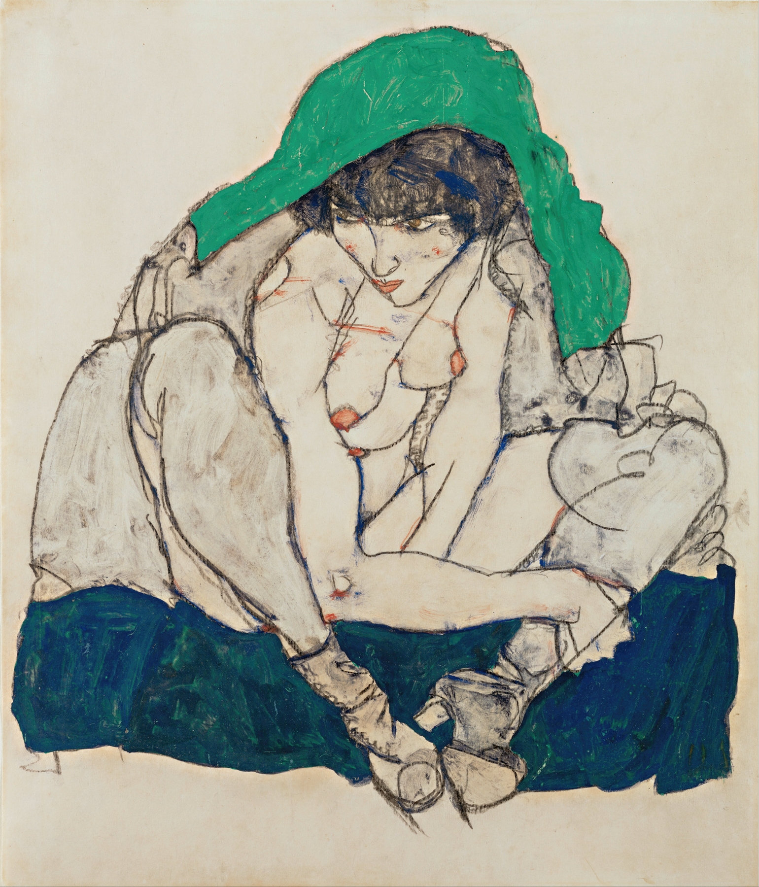 Crouching Woman with Green Headscarf (1914)