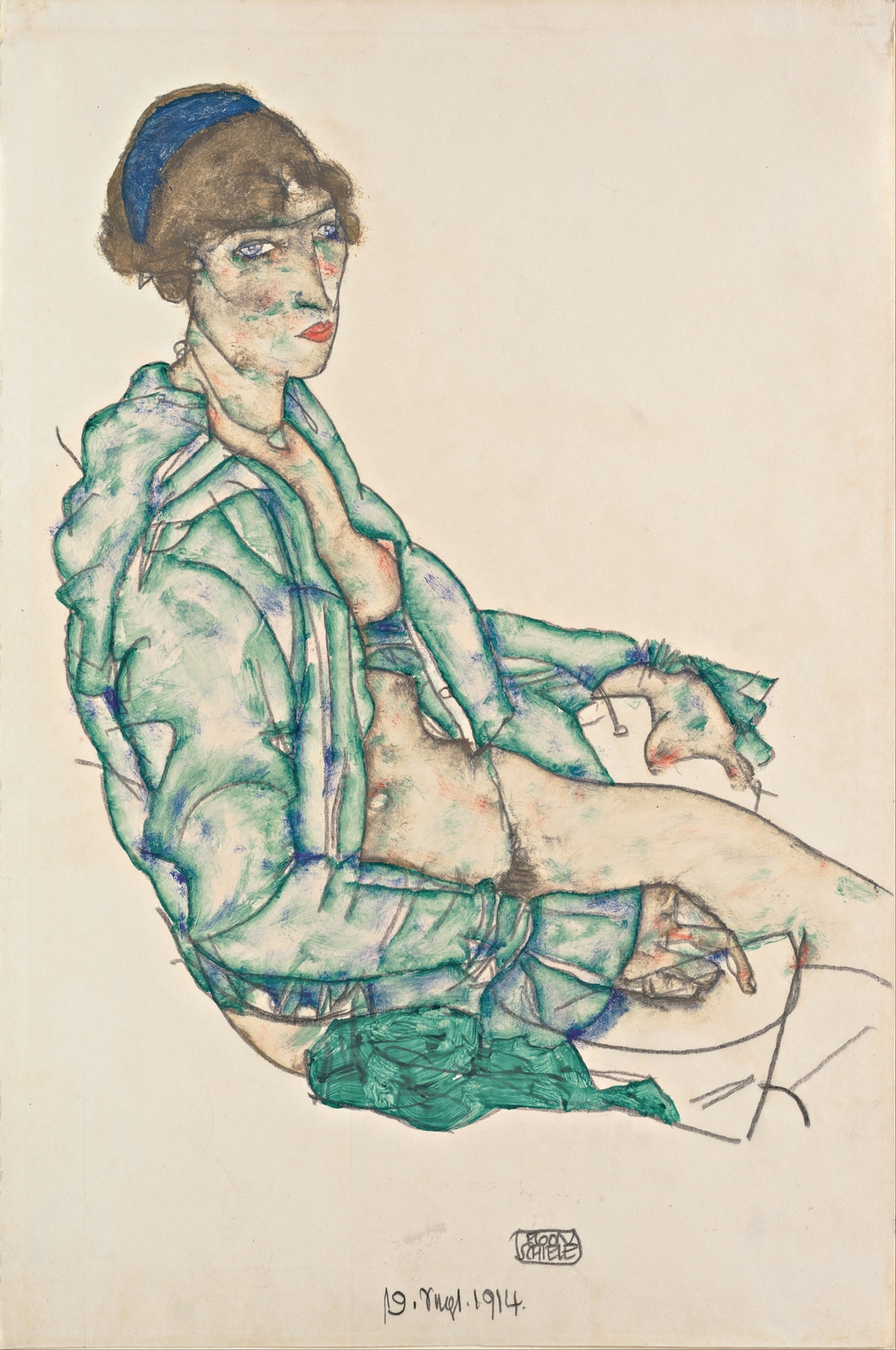 Sitting Semi-Nude with Blue Hairband (1914)