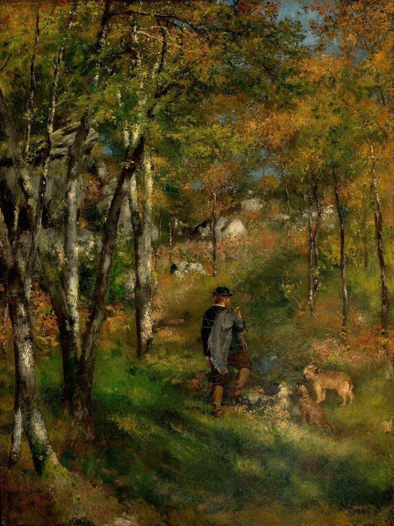 Jules Le Coeur and his dogs in the forest of Fontainebleau (1866)