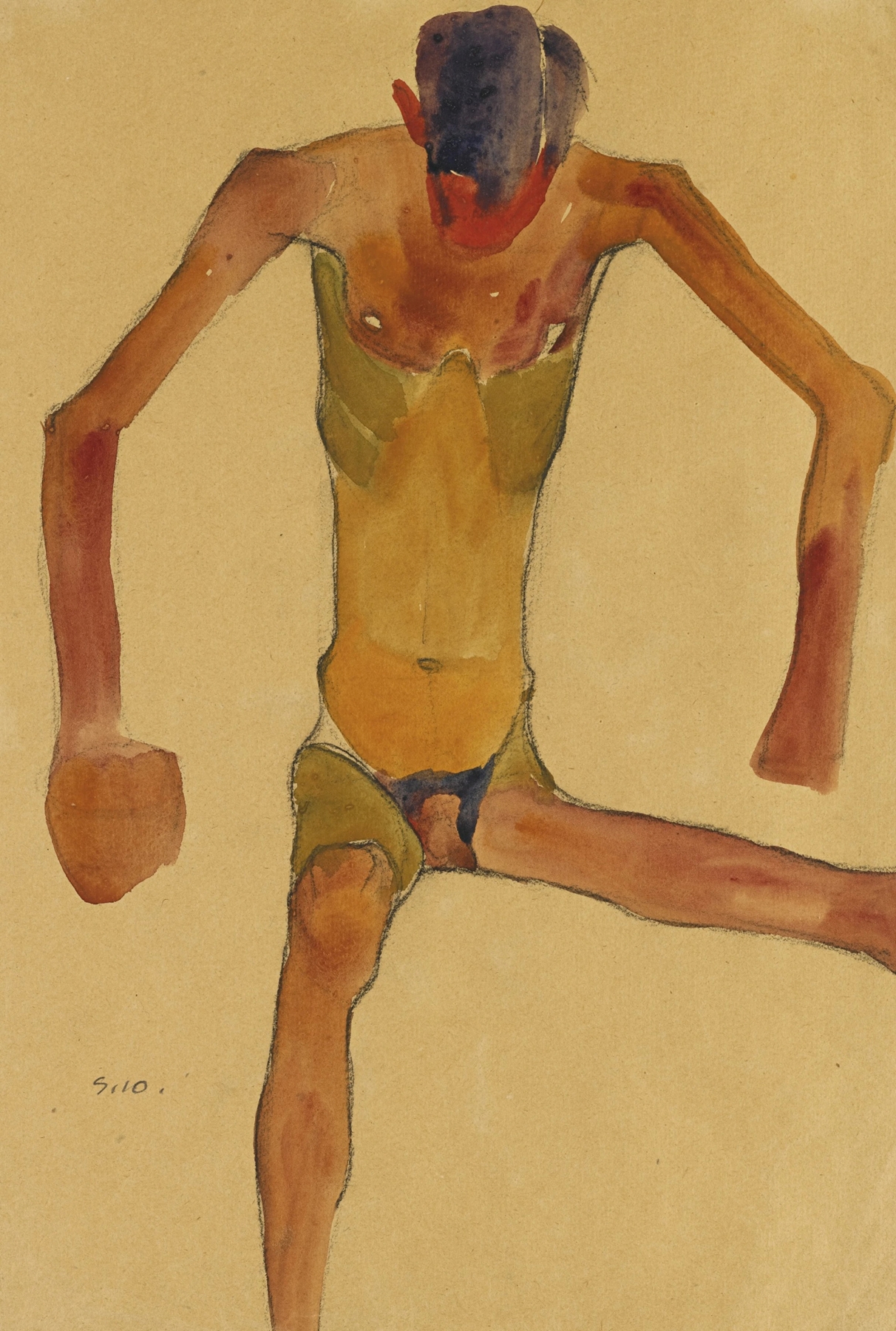 Sitzender männlicher Akt mit gesenktem Kopf (Seated Male Nude with Lowered Head) (1910)