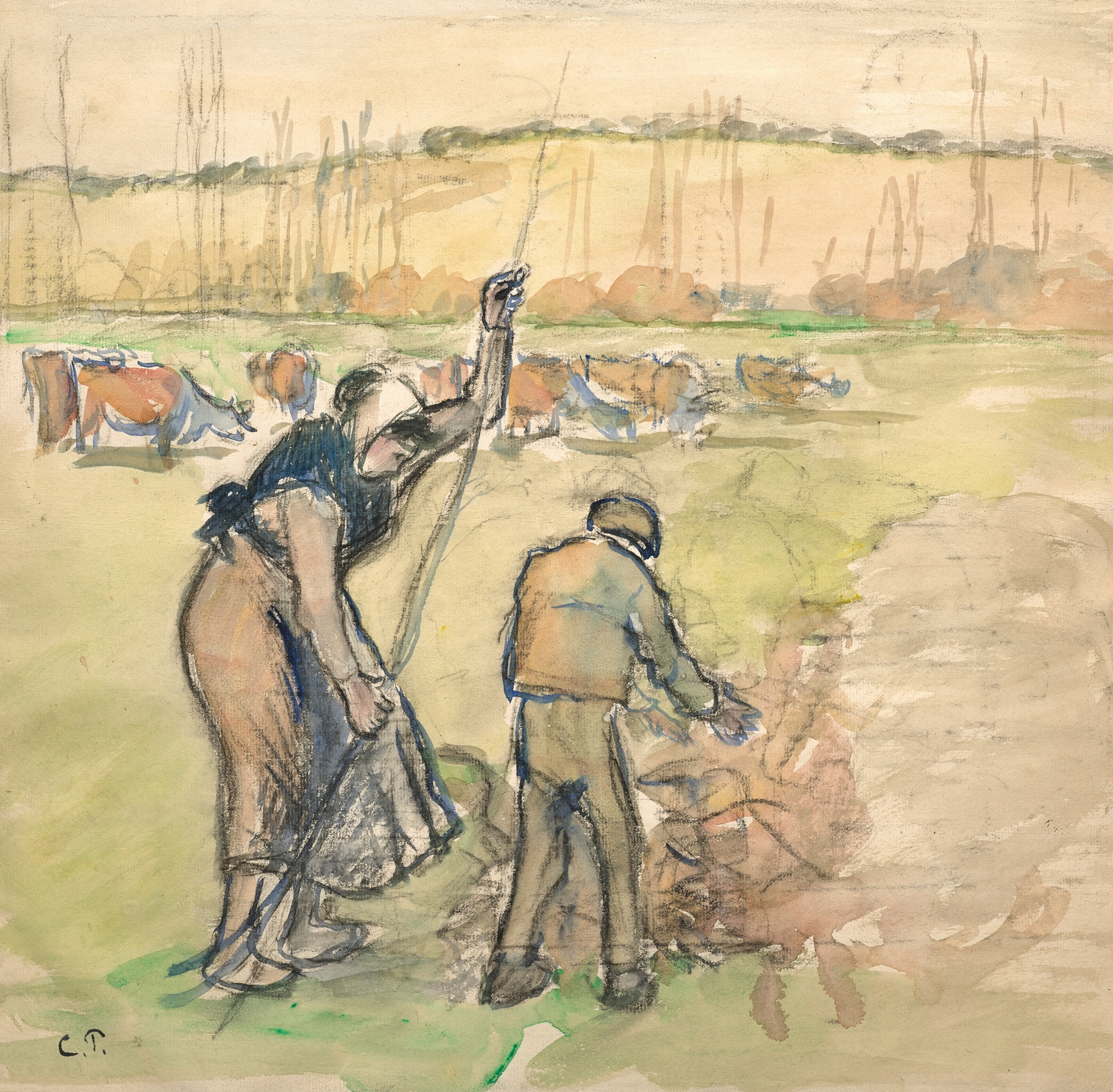 Paysanne et enfant faisant du feu (circa 1890)