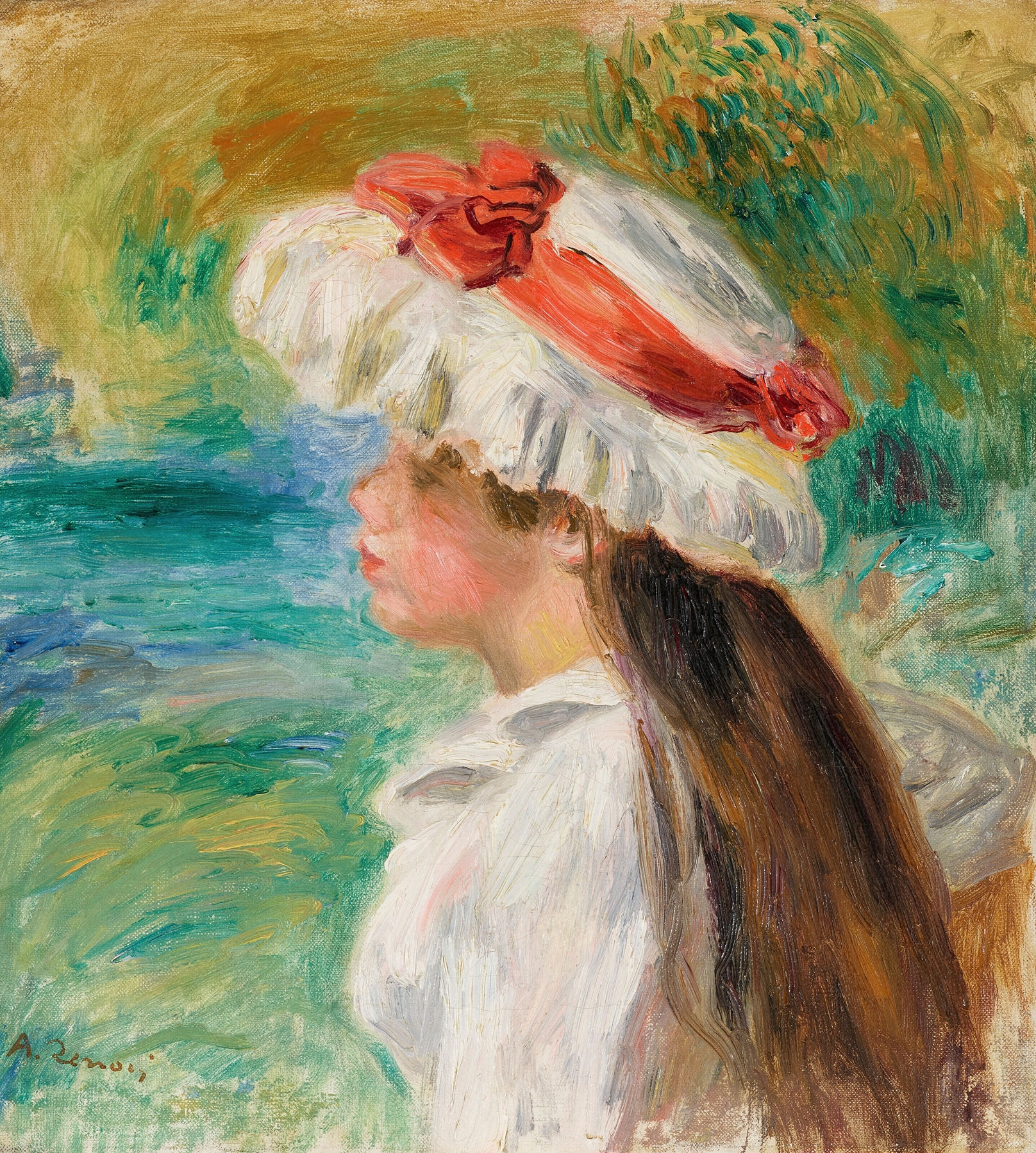 Tête de jeune fille coiffée d’un chapeau de jardin (circa 1895)