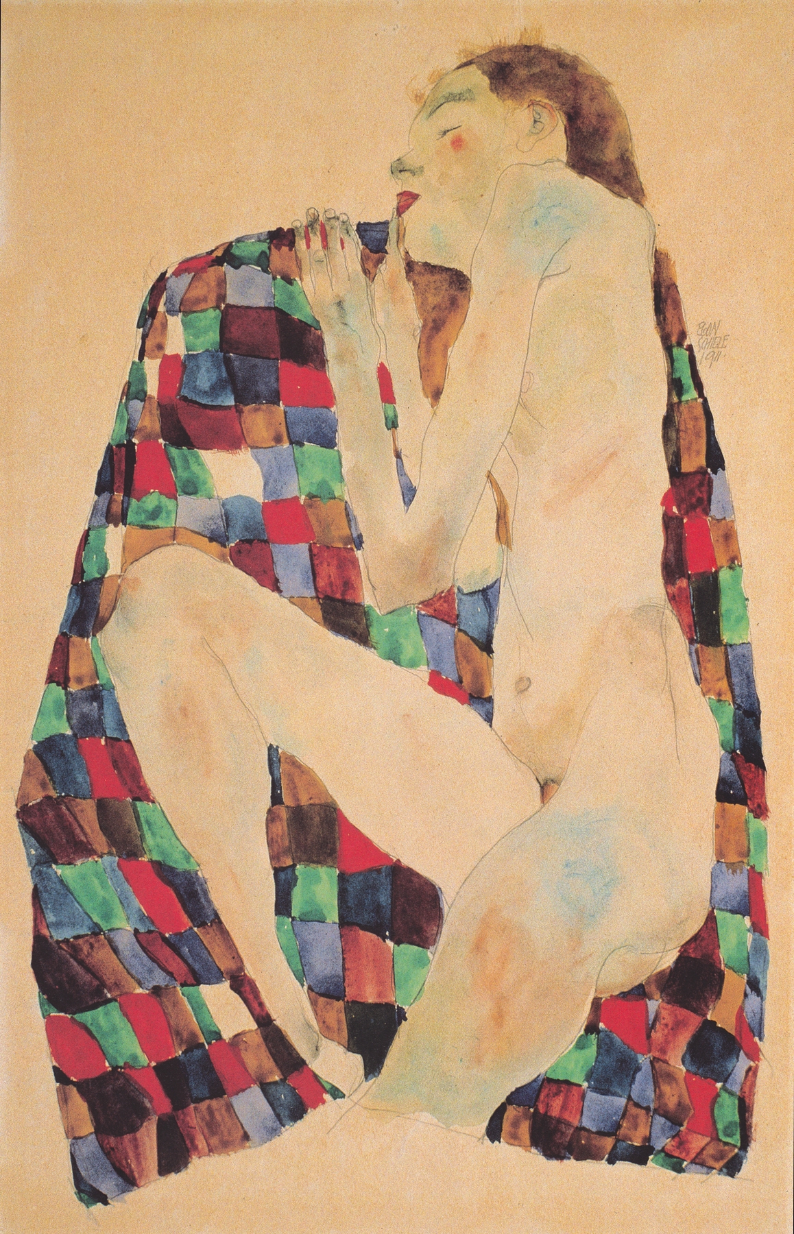 Weiblicher Akt auf kariertem Tuchl (1911)