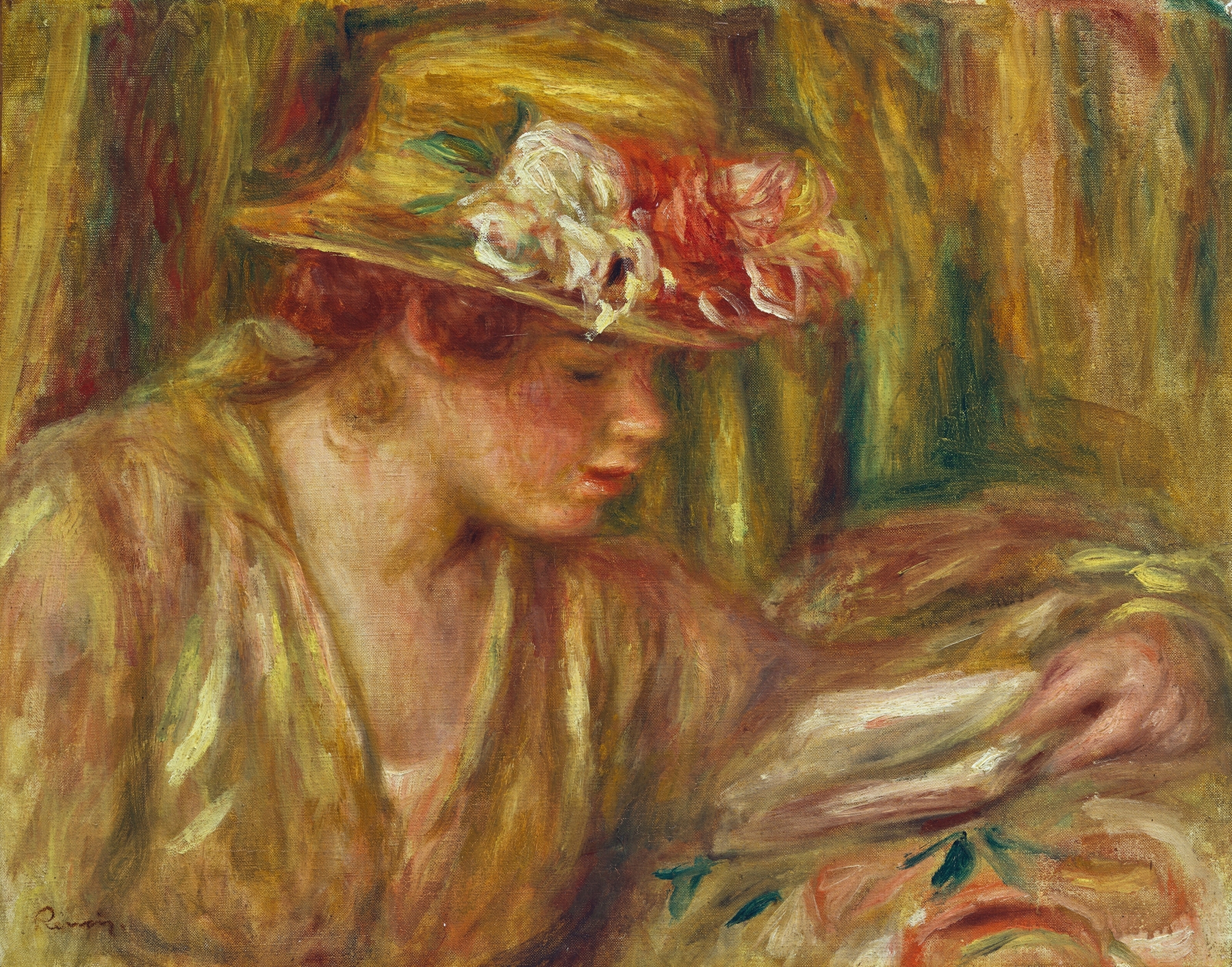 Buste de femme (Andrée en chapeau lisant, la tête tournée à droite) (1917)