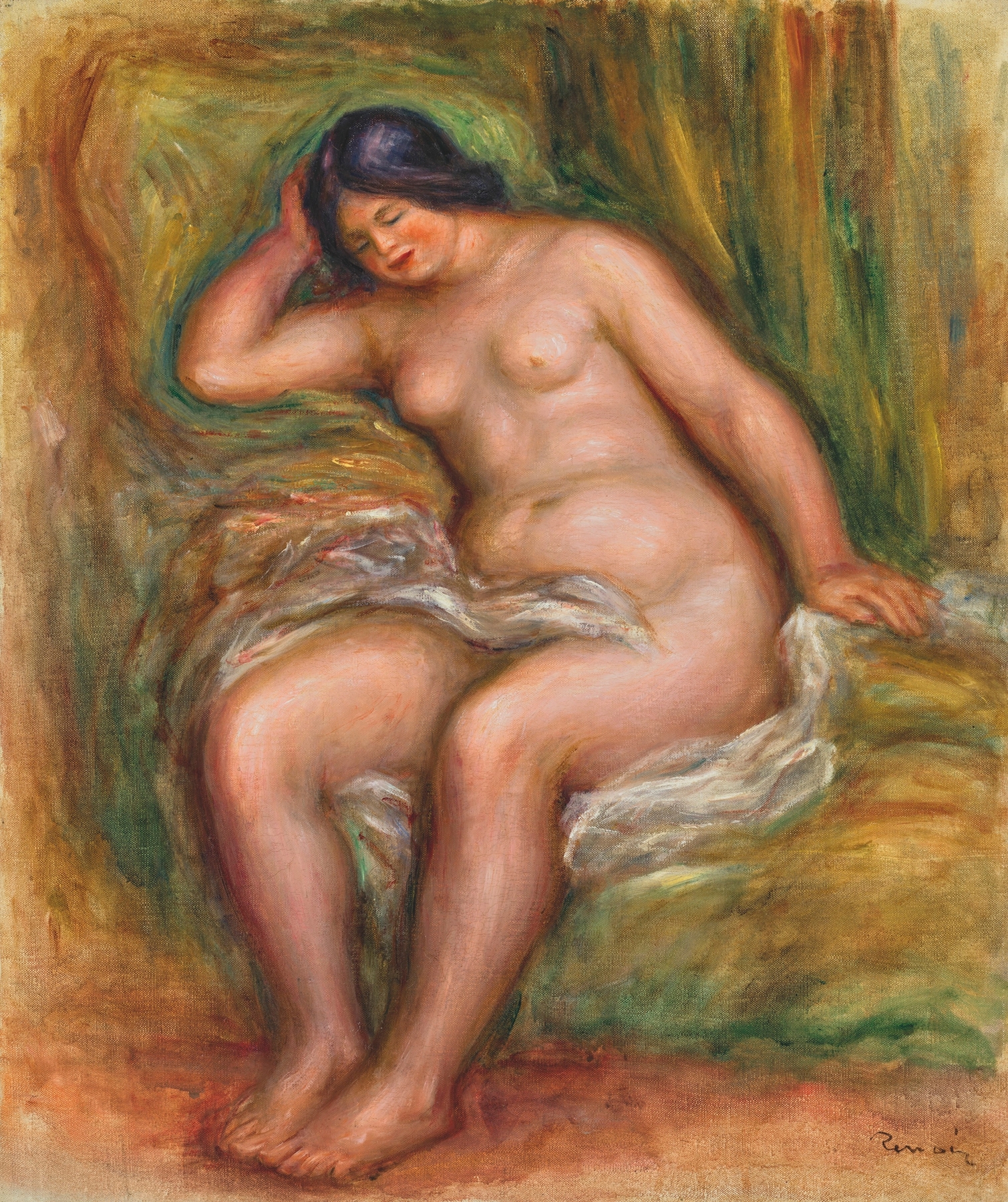 Femme nue assise appuyée sur un coussin vert (Nu assis) (circa 1912-1914)