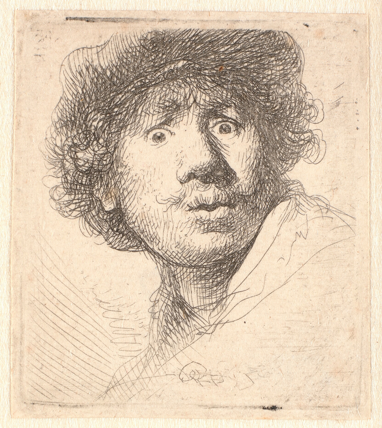 Rembrandt in a cap, open mouthed and staring; bust in outline (1630)