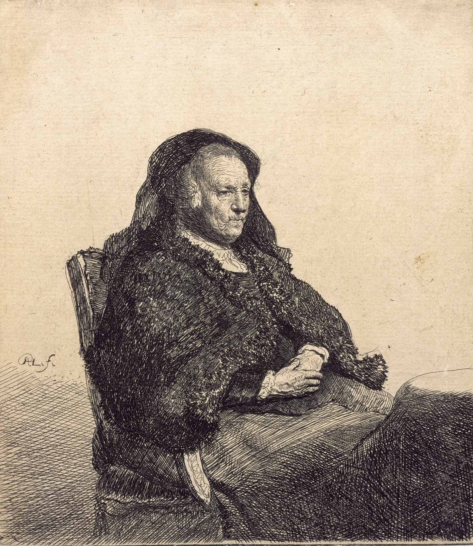 An Elderly Woman (Rembrandt’s mother, seated at a table) (c 1631)