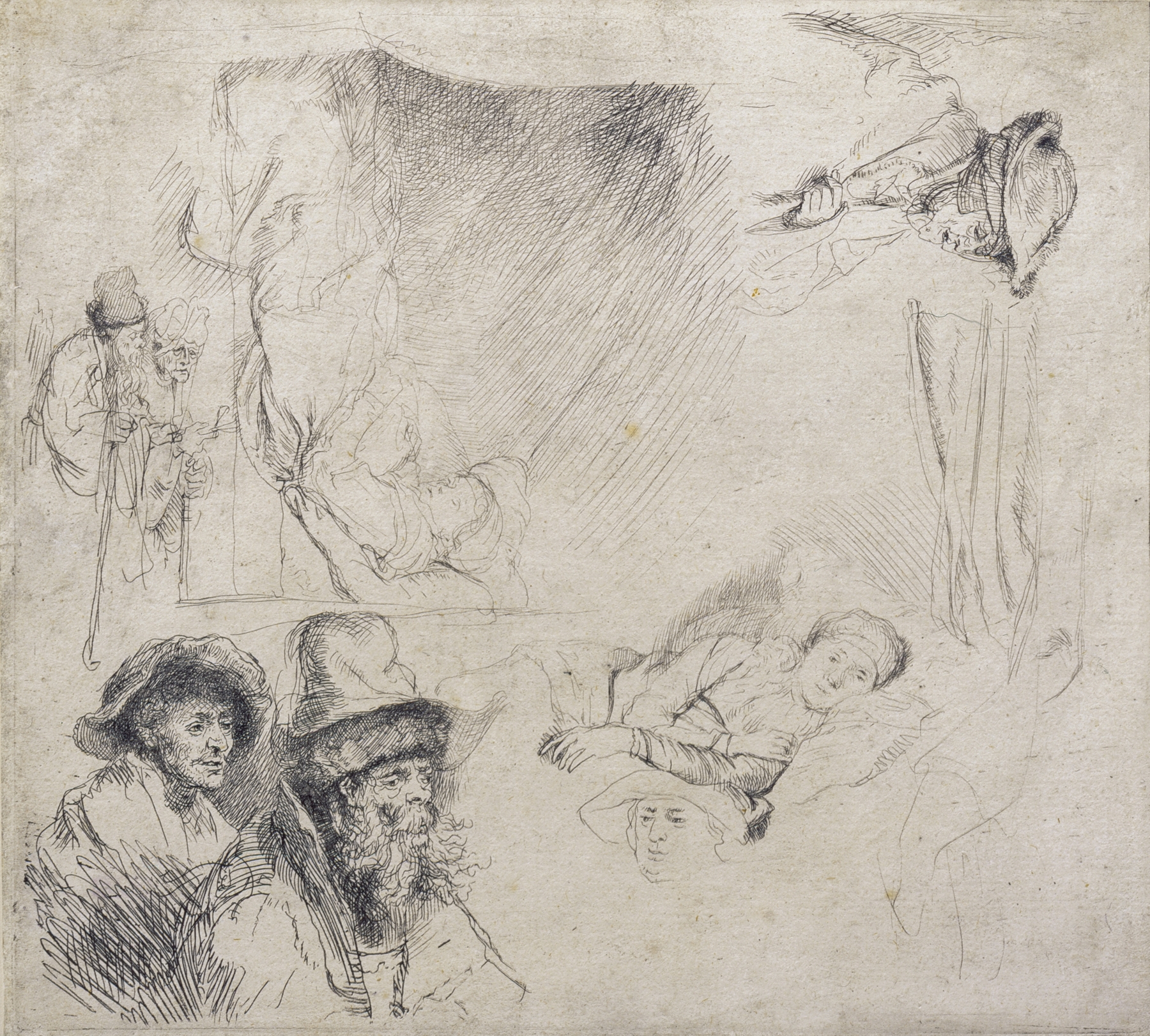 Sheet of Studies (with a woman lying ill in bed) (c.1639-1642)