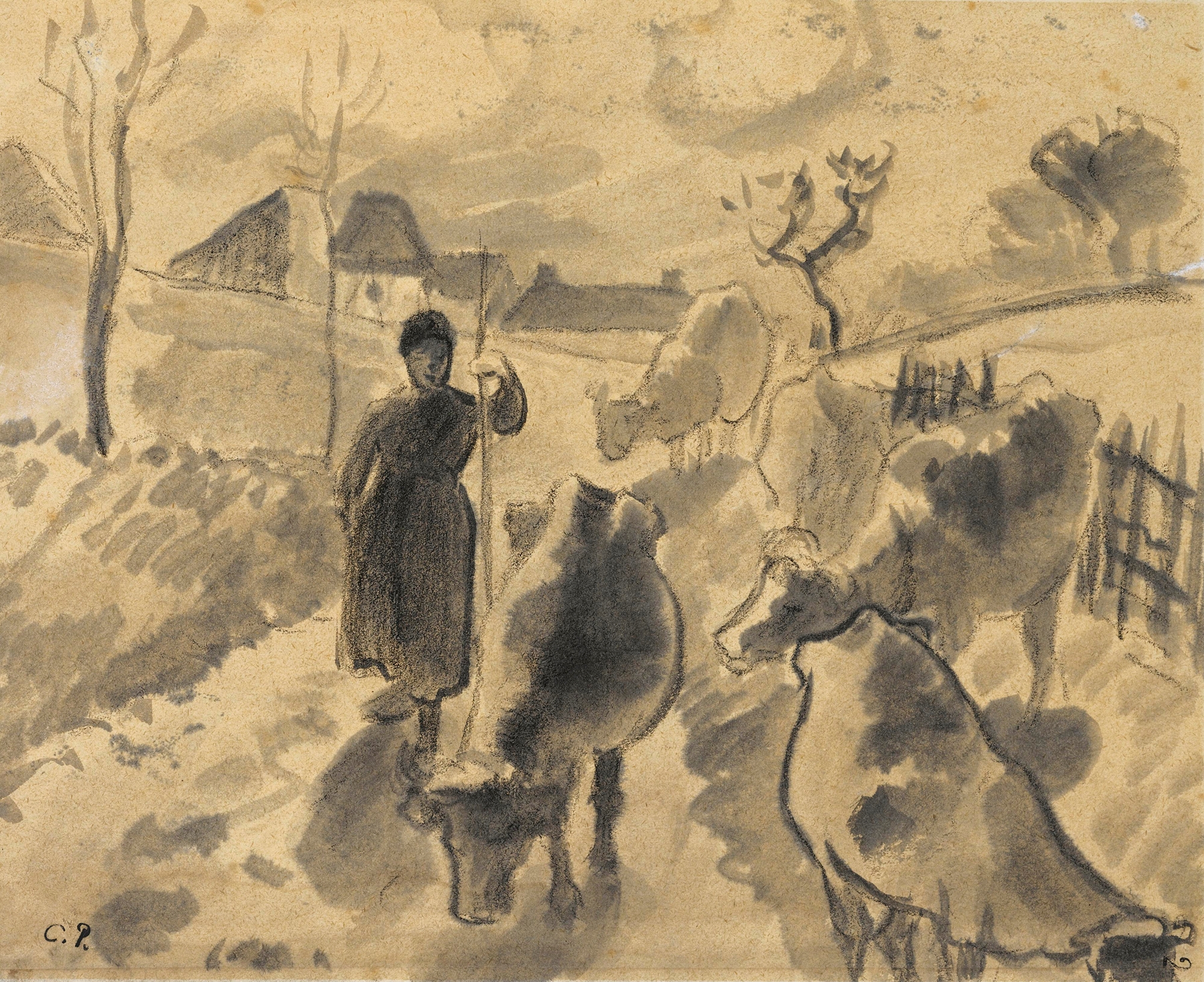 Girl leading a herd of cows along a road (circa 1883)