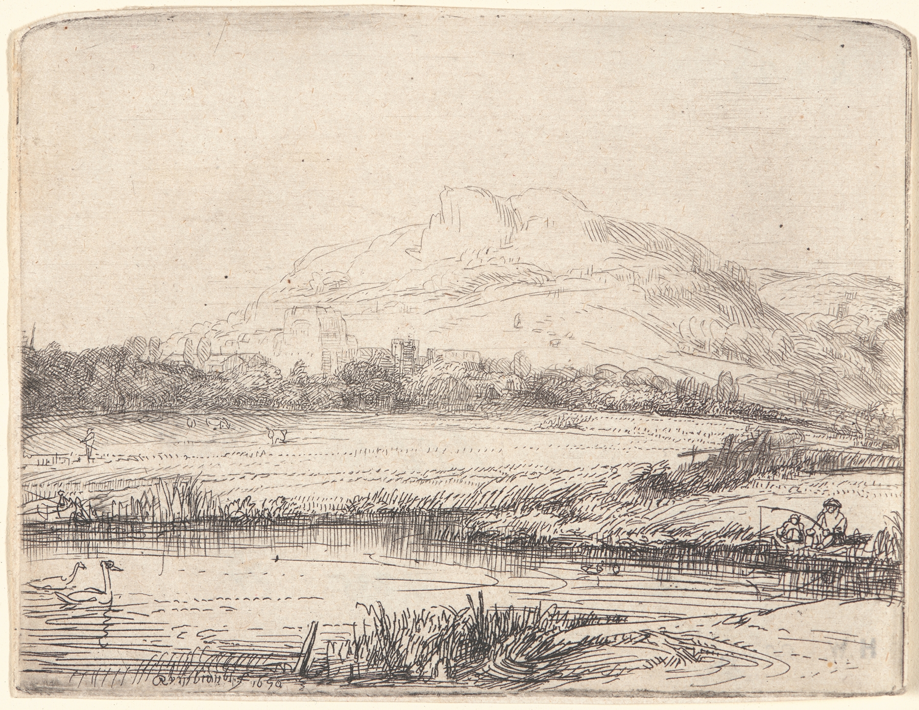 Canal with an Angler and Two Swans (1650)