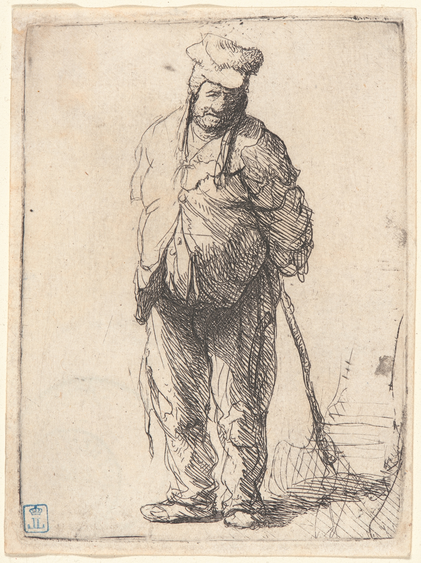 Ragged Peasant with His Hands behind Him, Holding a Stick (1630)